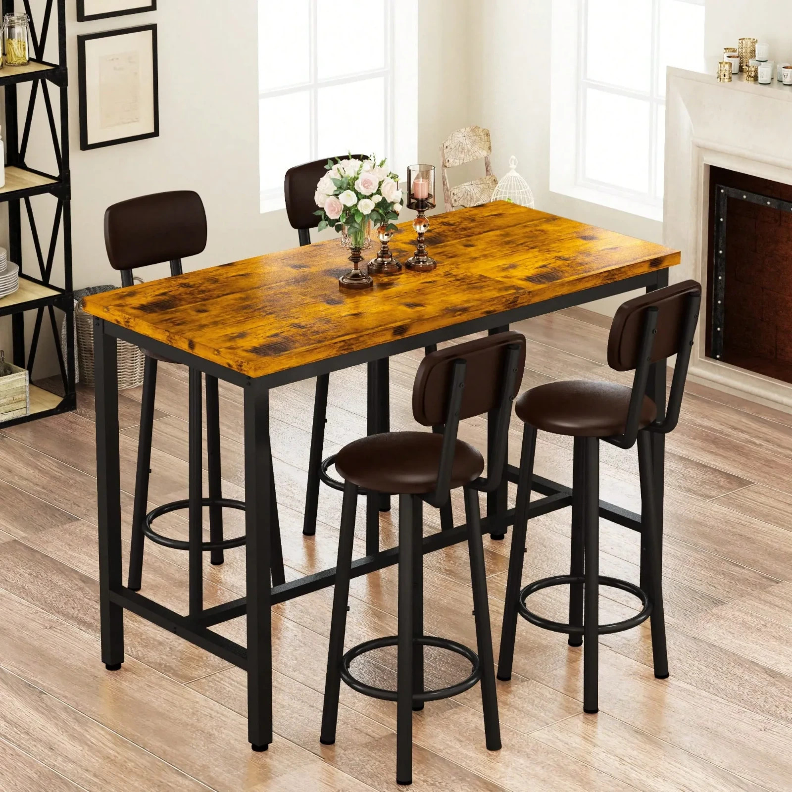 5Pcs Dining Table Set Imitation Marble Table With 4 PU Upholstered Stool & Chair