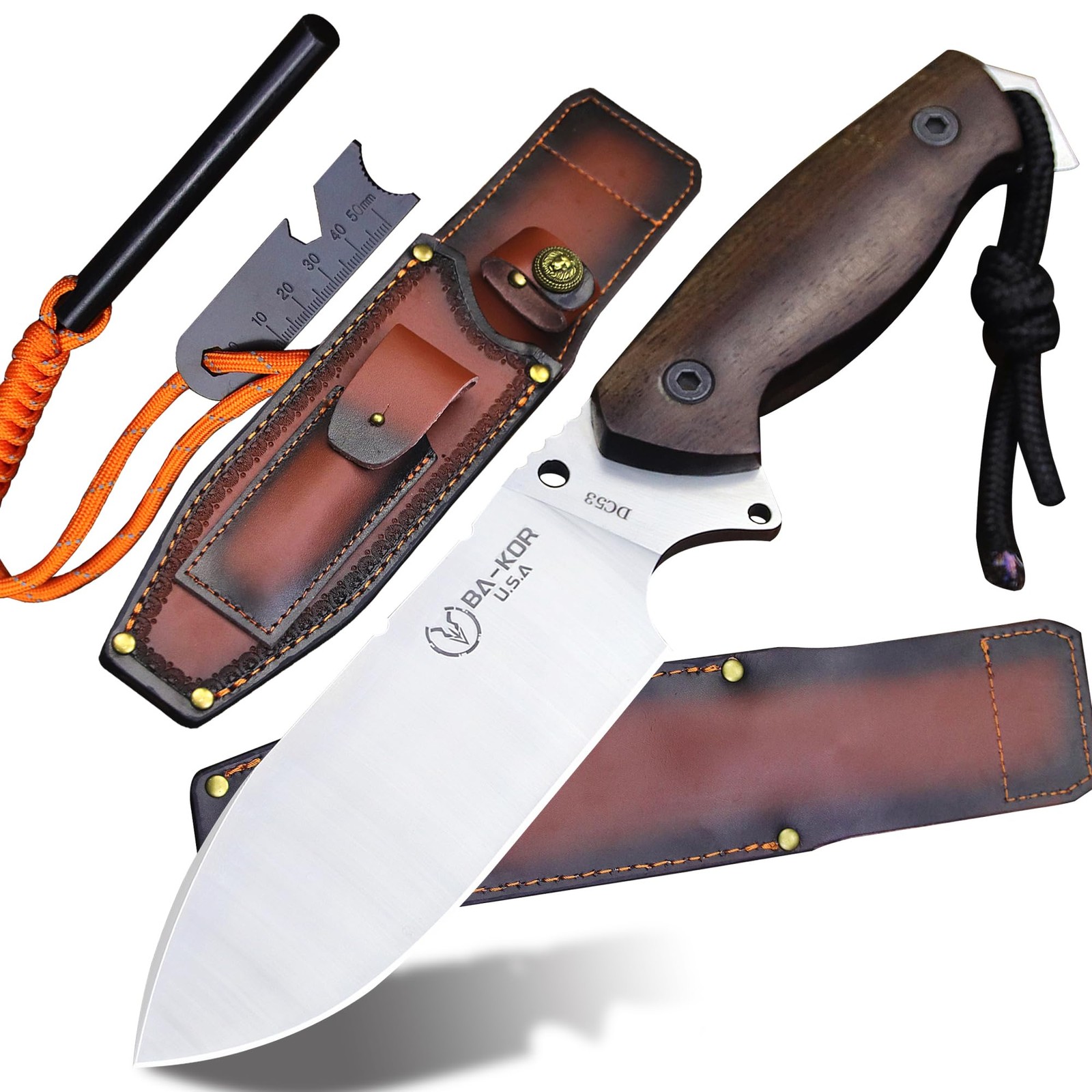 BA-KOR U.S.A 11" DC53 Steel Hunting Knife + Sheath & 4" Flint Fire Starter