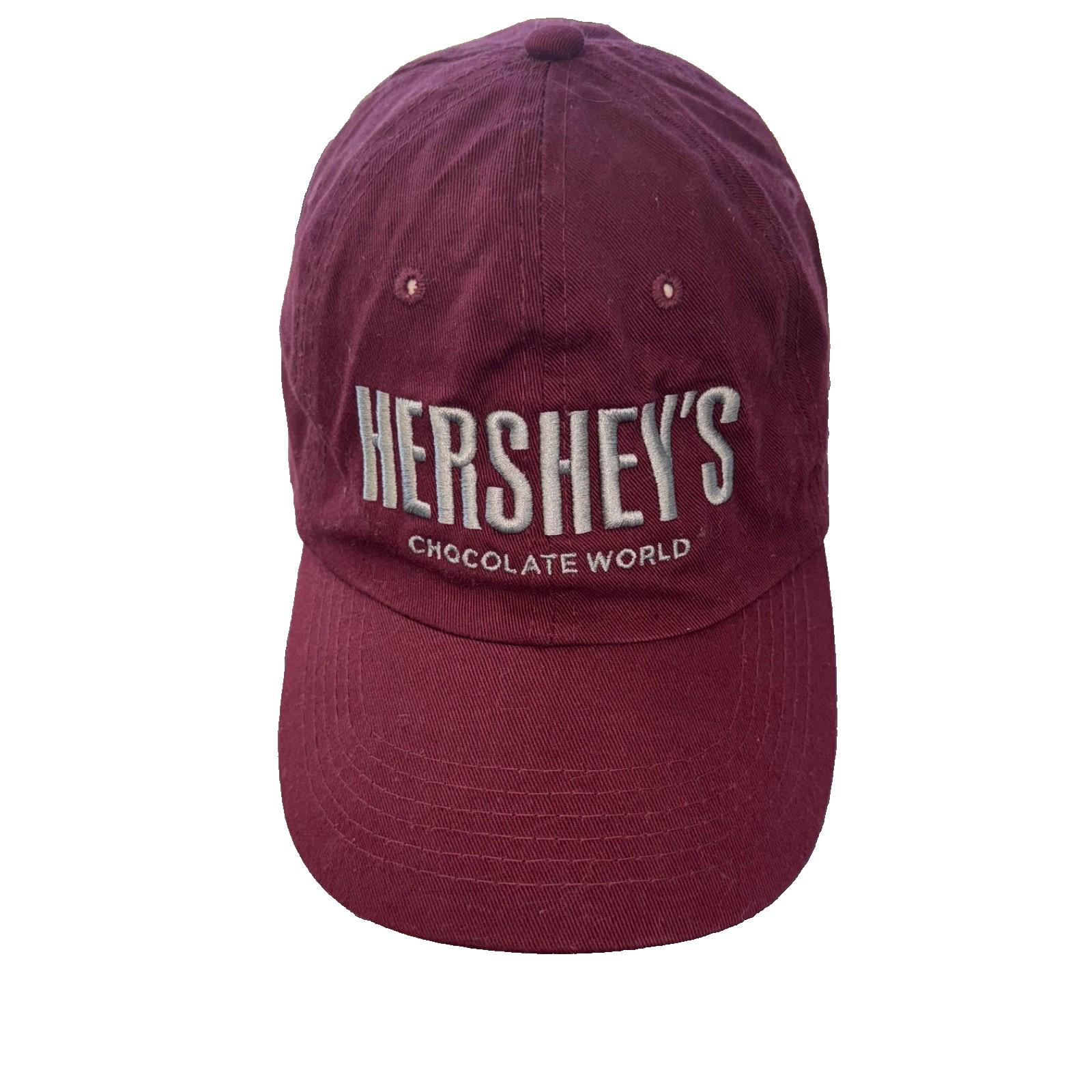 Hersheys chocolate World in Gray on Maroon Hat Cap Cotton Strap buckle EUC