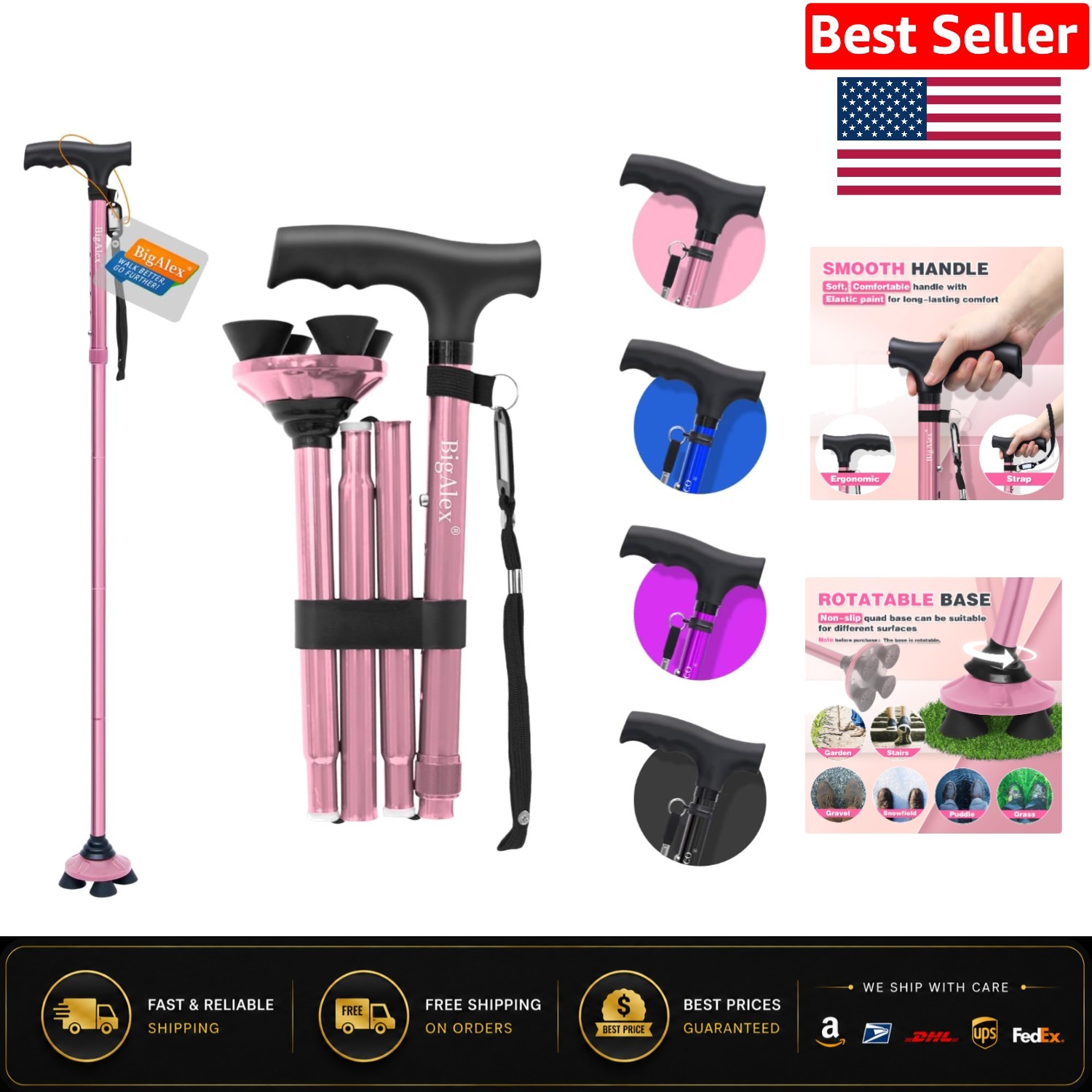 Collapsible Walking Cane with Rubber Grip - Travel-Friendly Design for Seniors
