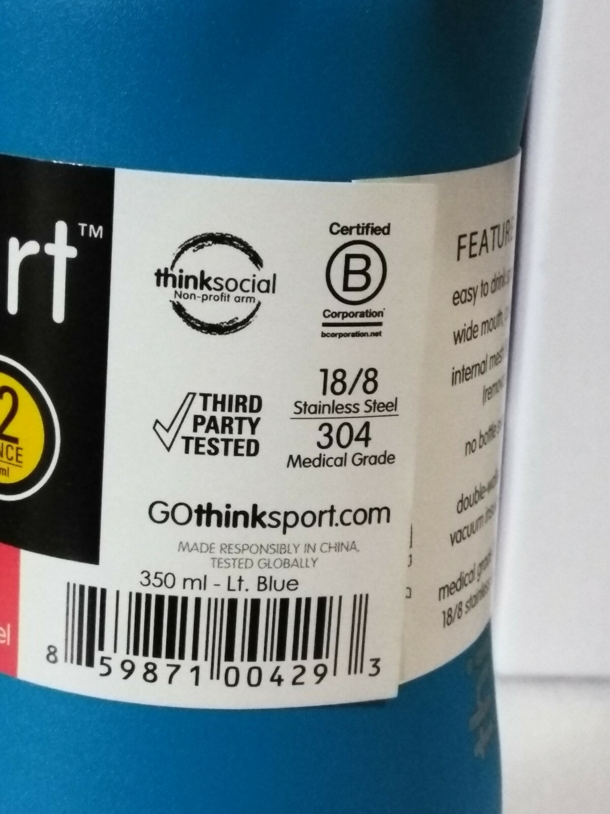 Lot 4 Thinksport 12 Ounce (350ml) Lt. Blue Insulated Stainless Steel Bottle