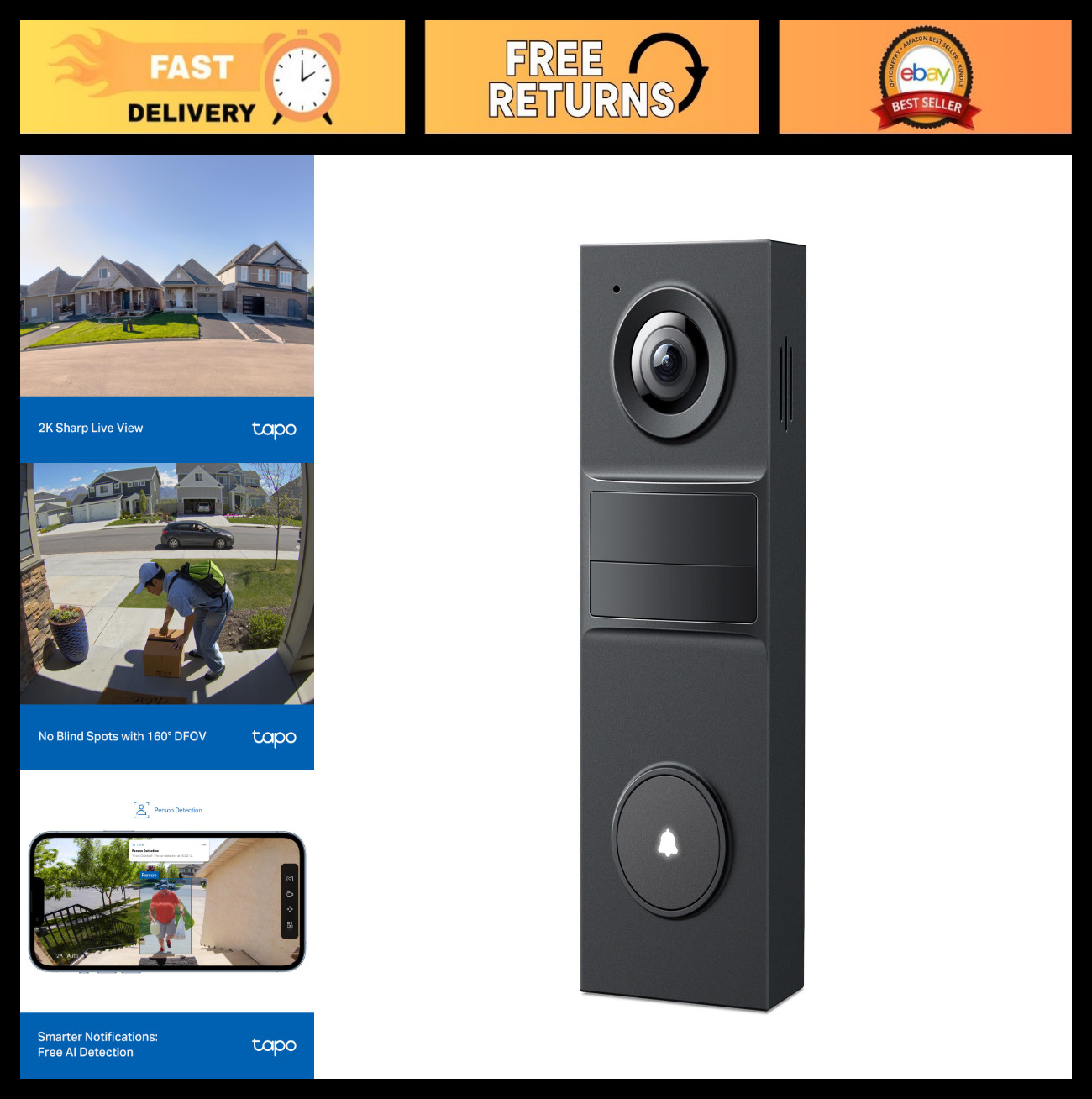 2K Wireless Smart Video Doorbell - 160° View, Person Detection, 2-Way Talk, Nigh