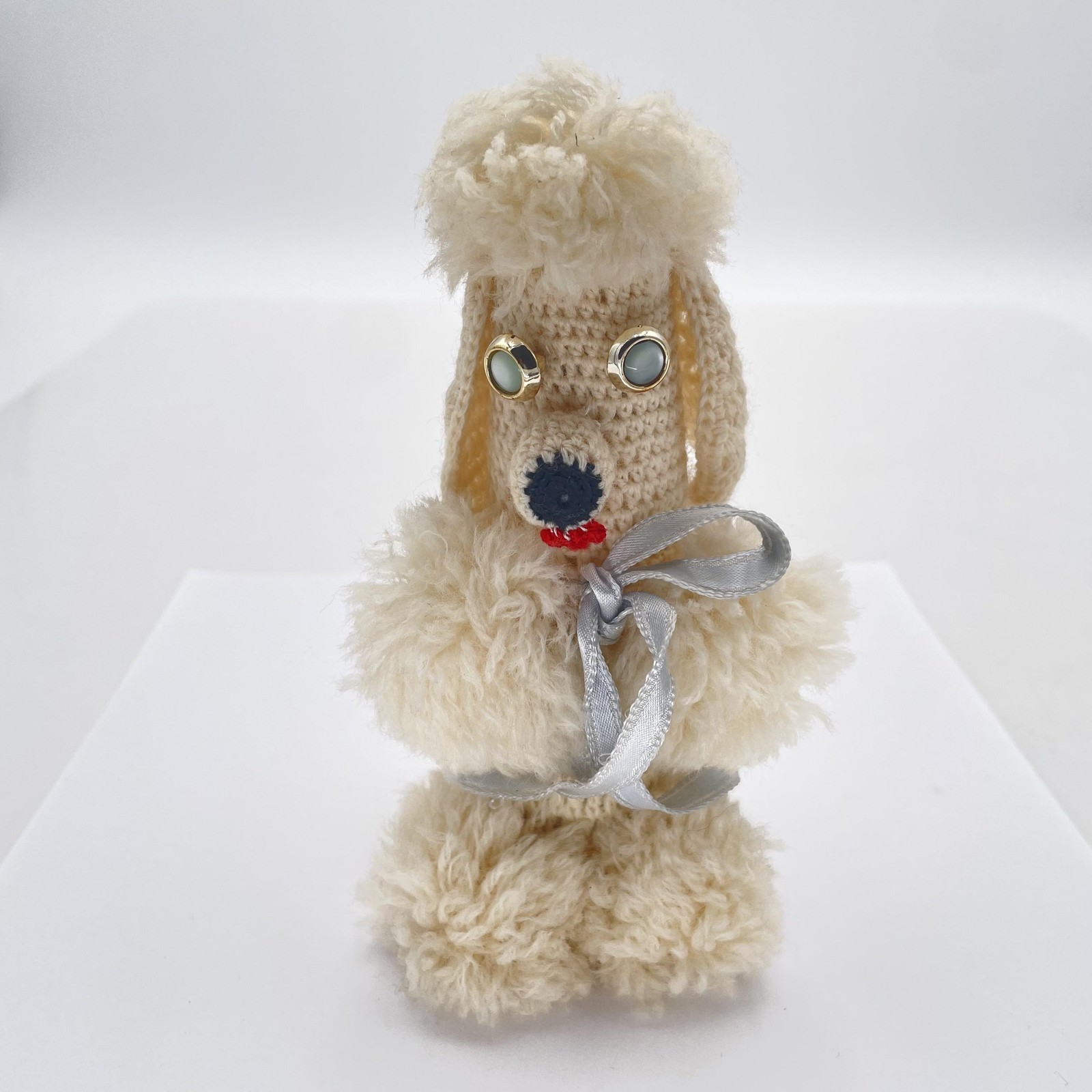 Vintage Poodle Dog Crochet Cover Handmade White Yarn Retro Bar Decor