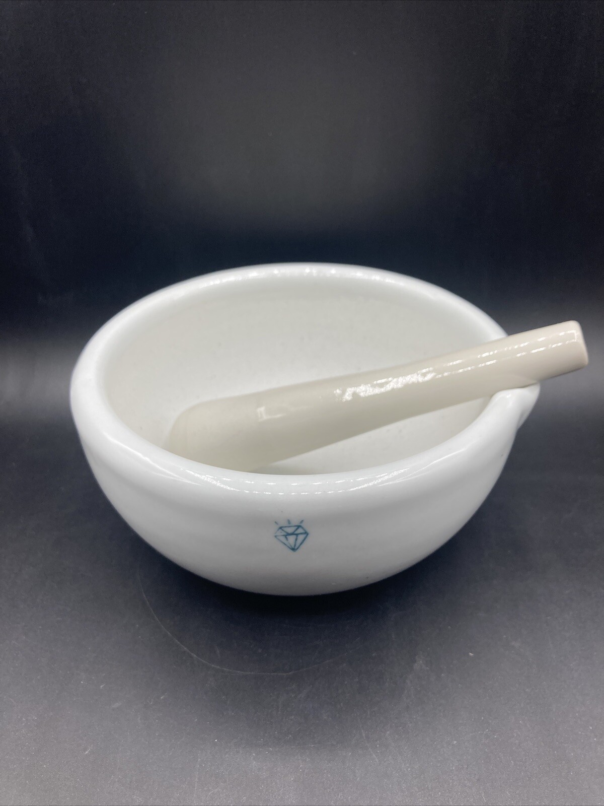 Vintage Ironstone Mortar and Pestle W/ Blue Diamond Mark 6 7/16” O.D. 5 1/2” I.D