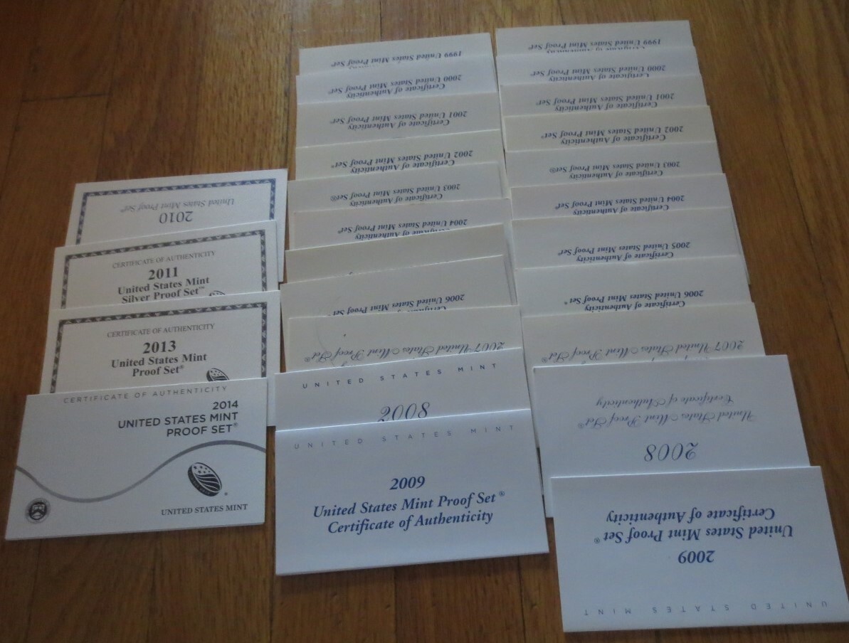 Empty Box Proof Set Used 1999 to 2014 26 Box & 26 COA No Coins Empty Box Only