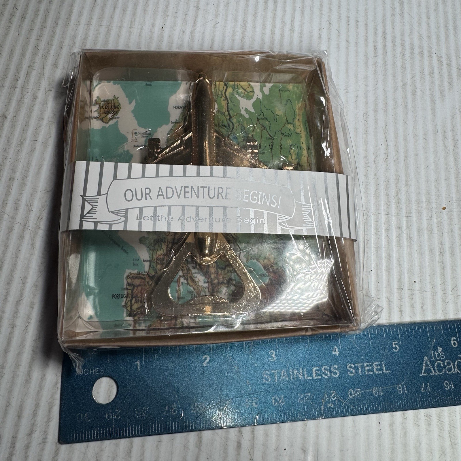Gold Tone Airplane Bottle Opener "Our Adventure Begins" 3.5" - in Box