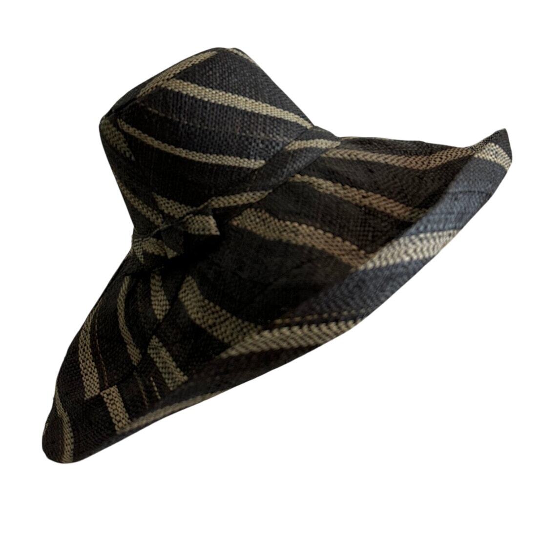 Madagascar Premium 100% Raffia 7" Wide Brim Hat Foldable Packable Black/Taupe