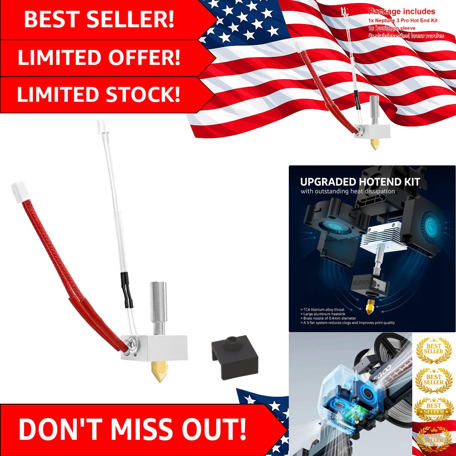 Plug and Play Elegoo Neptune 3 Pro Hotend Kit with Silicone Cover & Thermistor