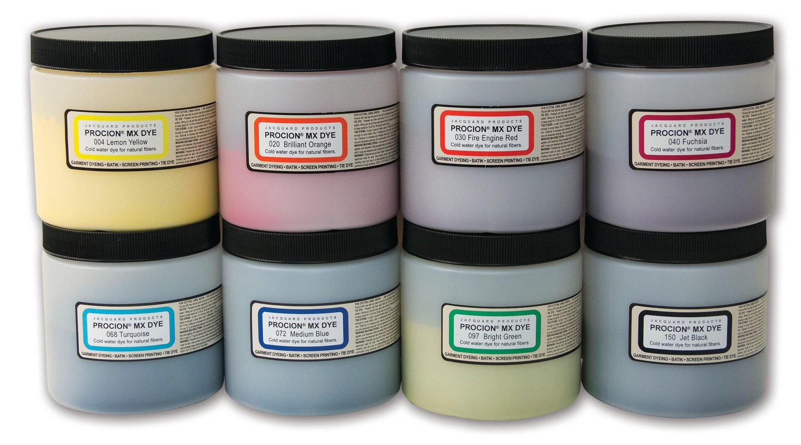 Procion Cold Water Dye Powder, 8-Color Assortment, 8-oz. Bulk Jars, Pack of 8.