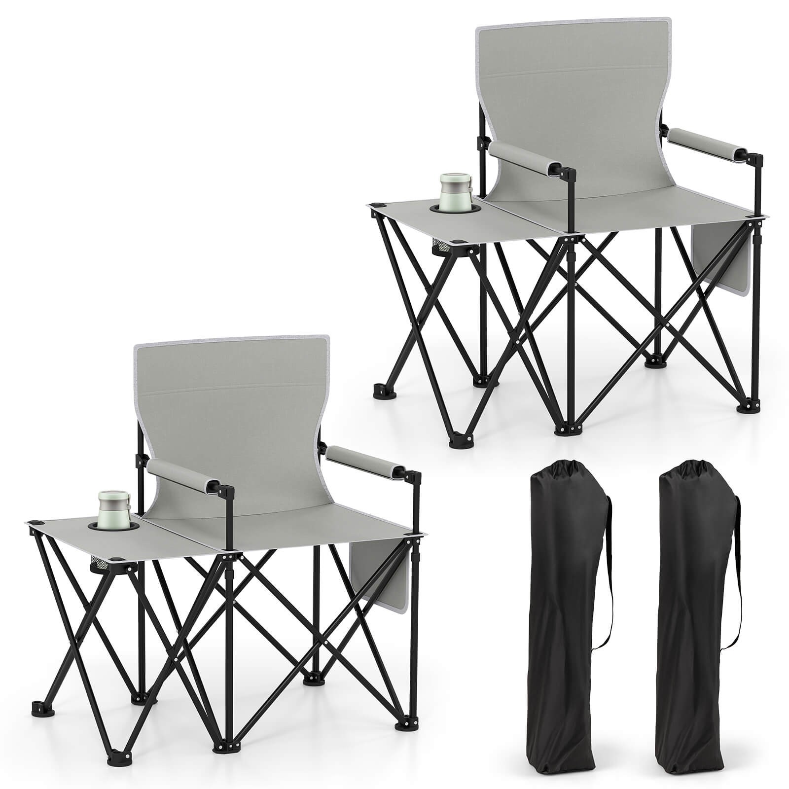 2PCS Oversized Camping Chair w/Side Table 2 Storage Pockets Cup Holder for Trip