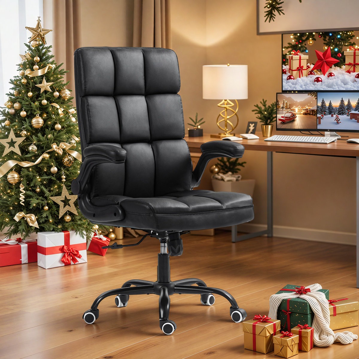 Leather Executive Chair High Back Adjustable Flip Up Arms Office Chair