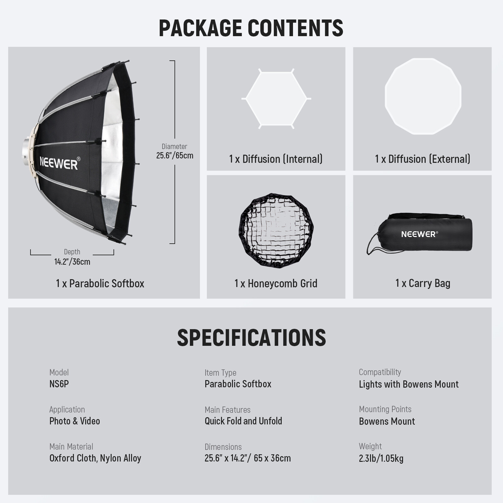 NEEWER 65cm Bowens Mount Parabolic Softbox Dodecagon with Diffusers/Grid/Bag
