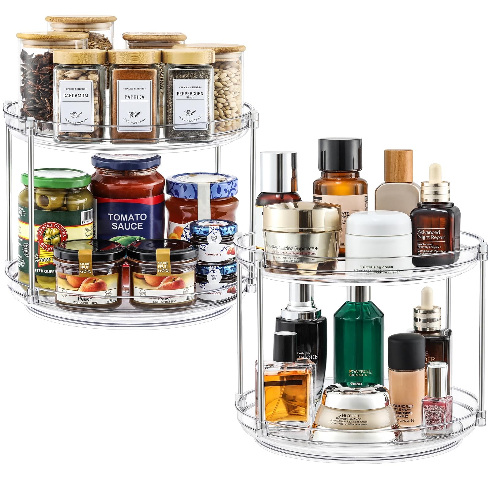 2 SET 2 Tier Non-Skid Acrylic Lazy Susan Organizer - Rotating Spice Rack - Tu...