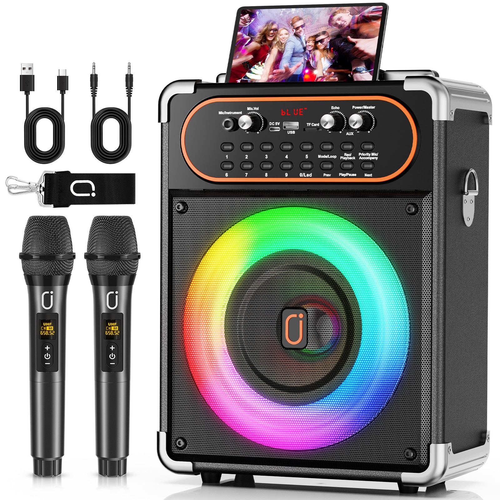 JYX  Portable Bluetooth Karaoke Speaker with 2 Wireless Mics RGB Lights Remote