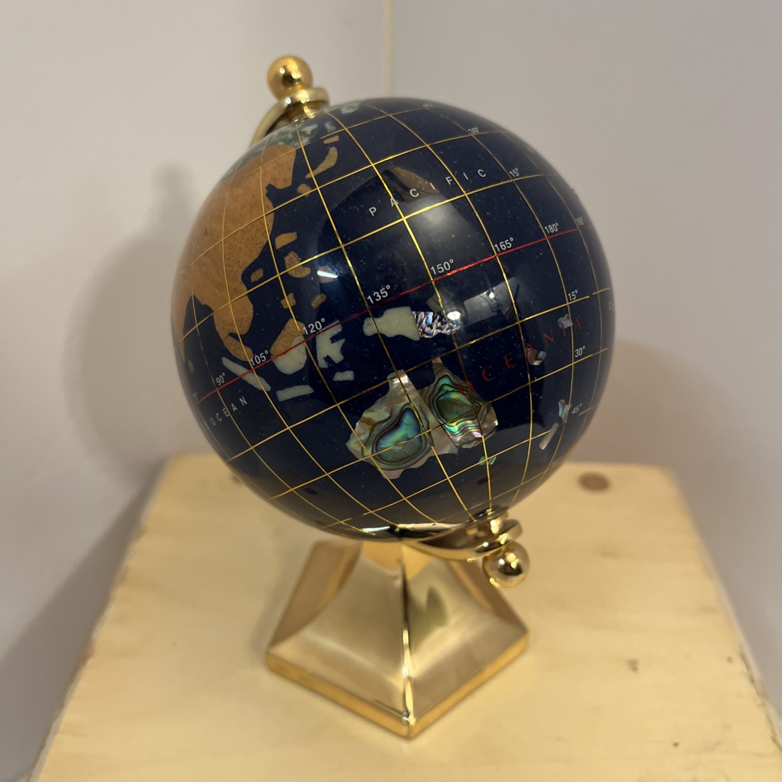 GLOBE Blue Lapis Semi Precious Inlaid Gemstones & Brass Stand Desktop 5.5" H