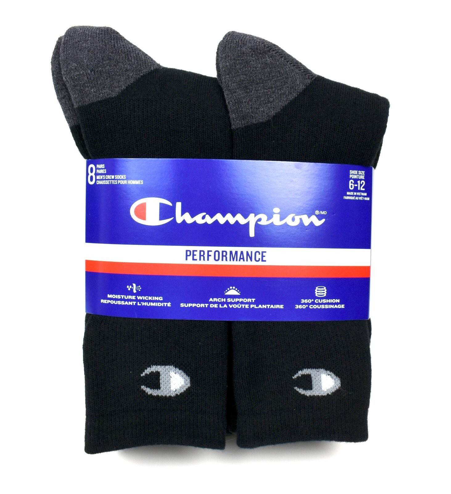 Champion Men's Crew Socks 8 Pairs for Shoe Size 6-12