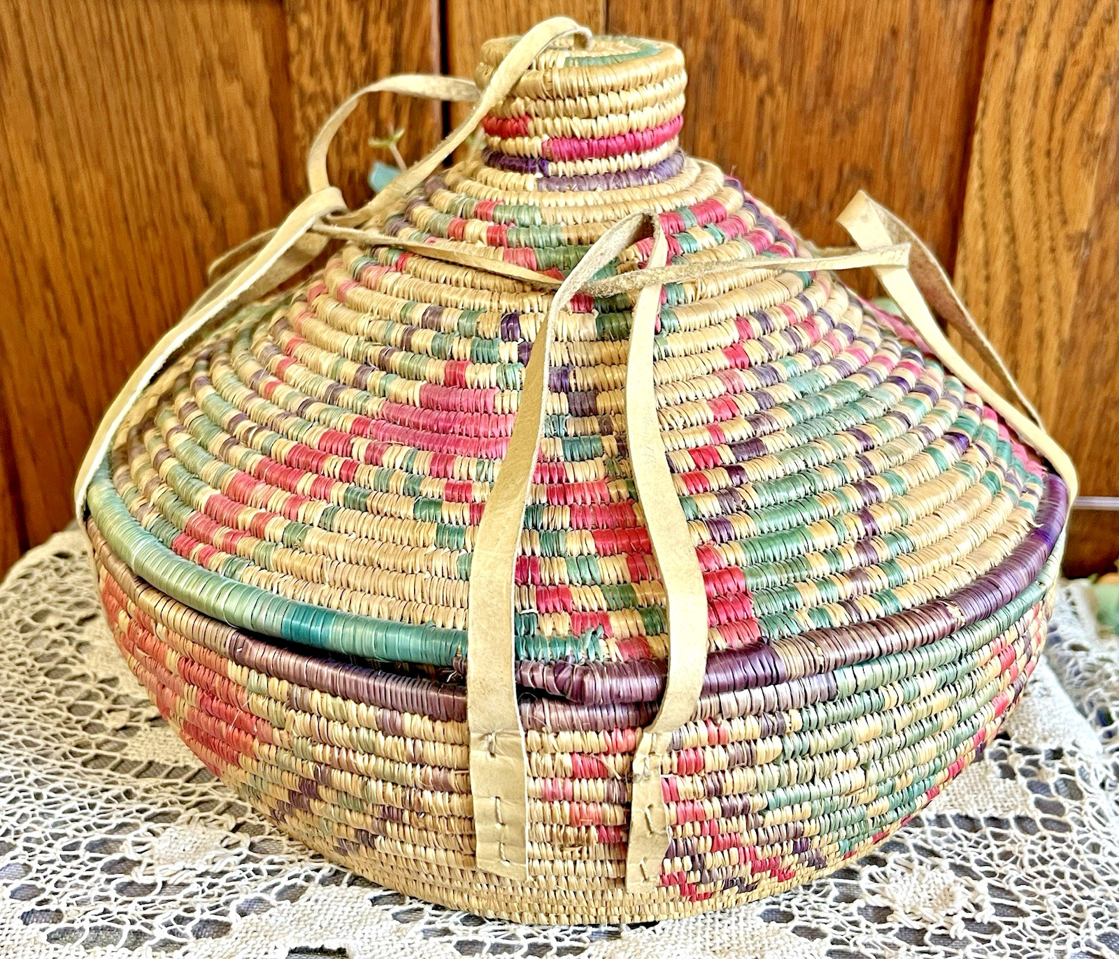 Hand-Made Coil Basket w/ Lid Storage and Closure Neutral w/ Pink Purple & Green