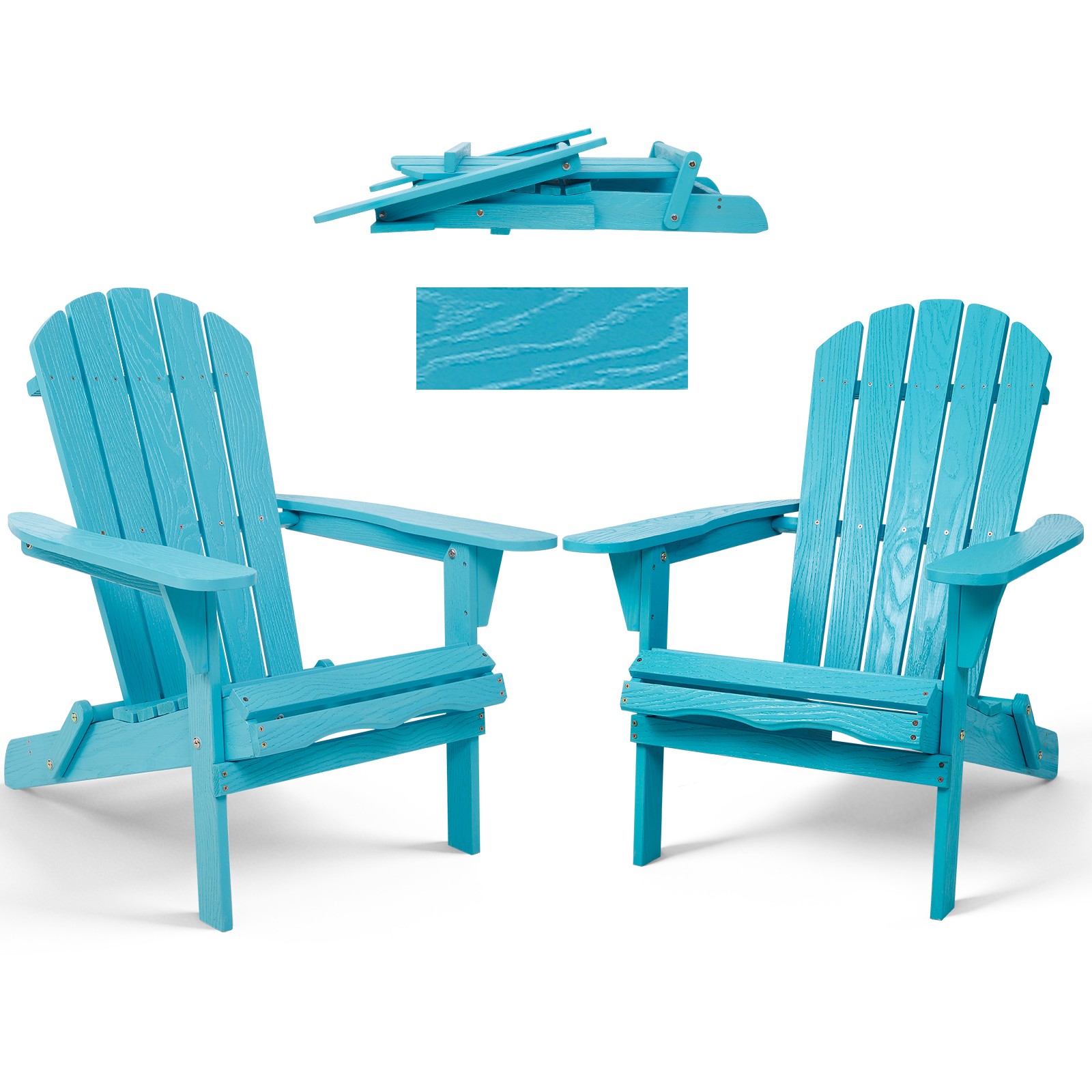 2Pc Wood Lounge Patio Chair Outdoor Wooden Folding Chair for Lawn Turquoise Blue