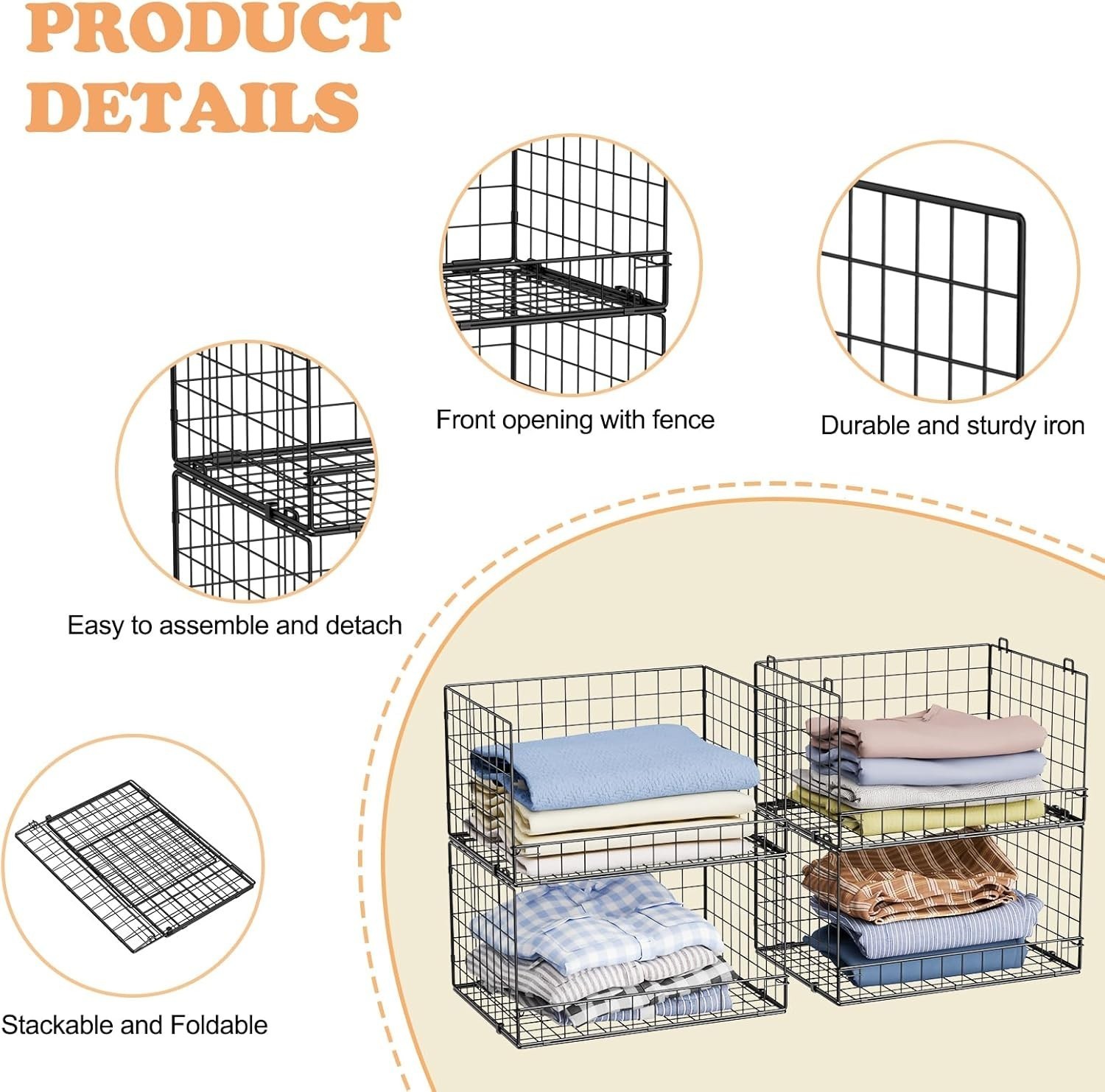 4-Tier Stackable Closet Organizers and Storage Shelves Basket Bins Foldable New
