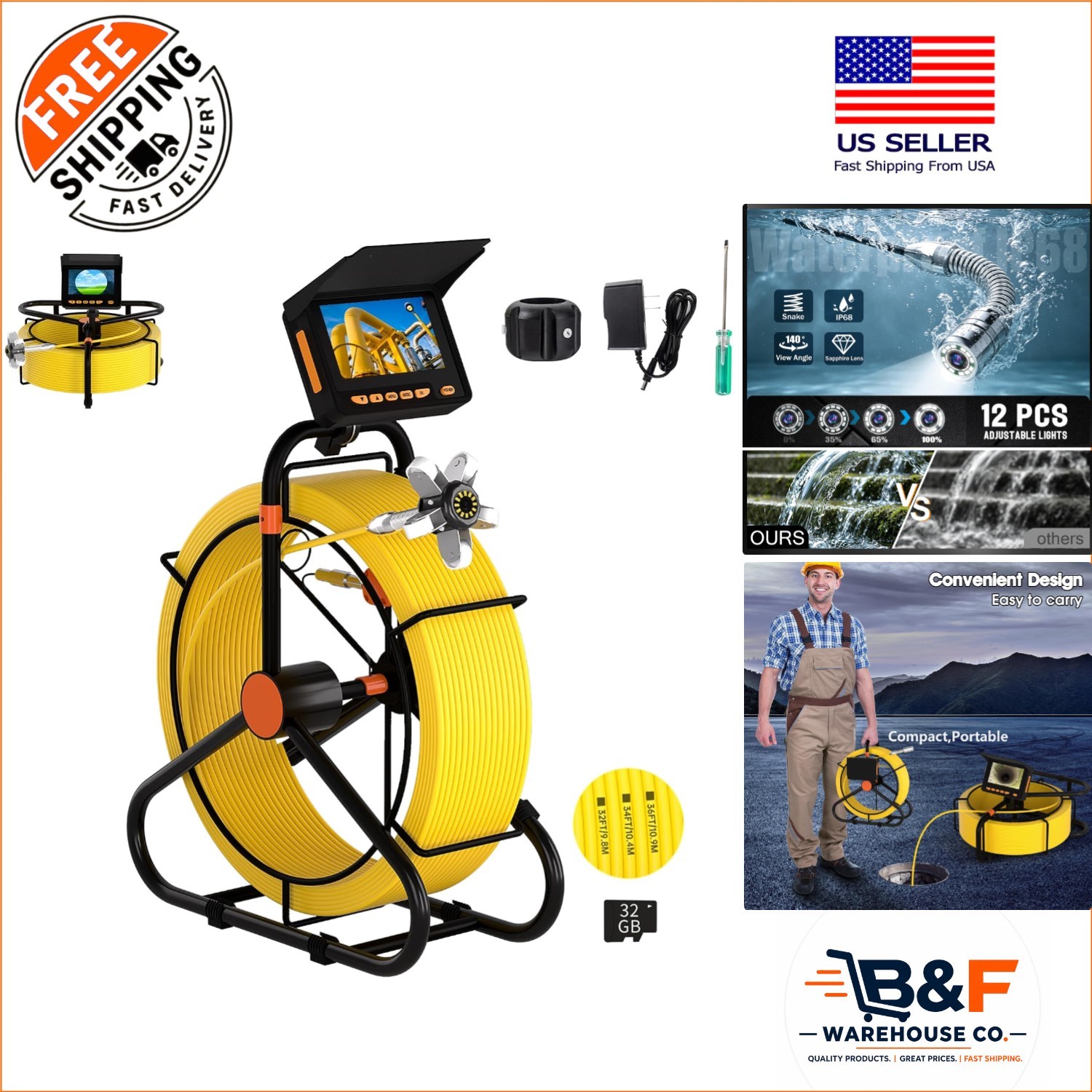 Ultimate Waterproof Plumbing Camera - 100FT Length, 32GB & Long Battery Life