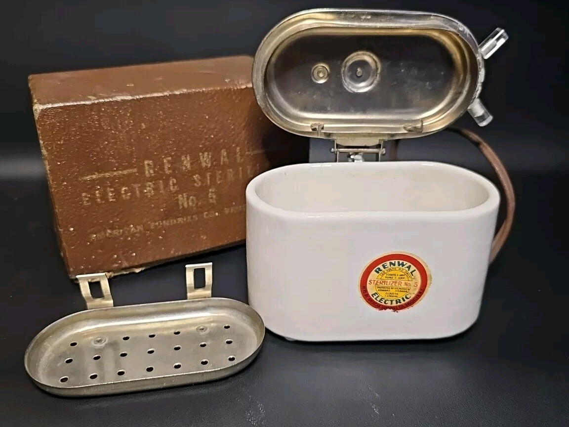 Vintage NOS Porcelain Electric Renwal No. 5 Sterilizer with Lab Utensils