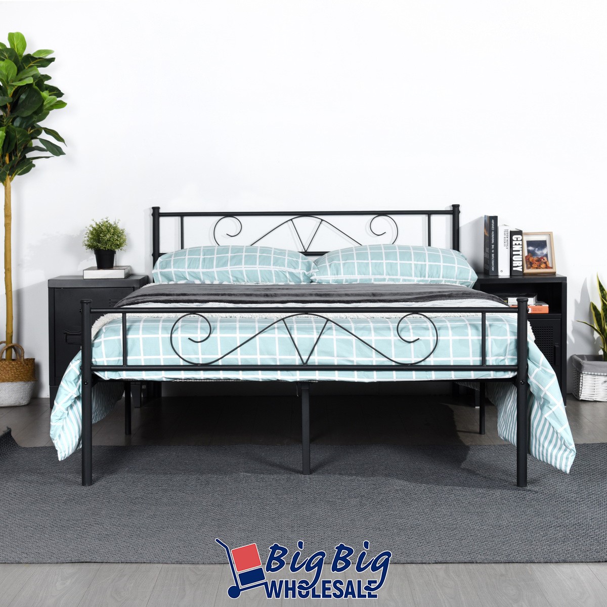 Full Size Metal Bed Frame Black Steel Mattress Foundation Platform Headboard