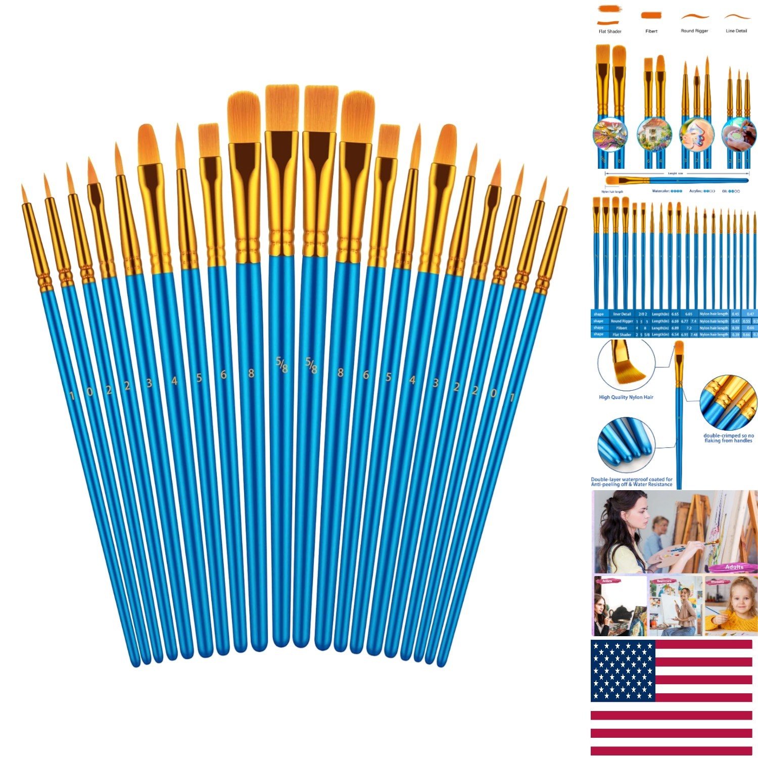 Multi-Purpose 20 Brush Set for Acrylic, Face & Body Painting - Accessory for Art