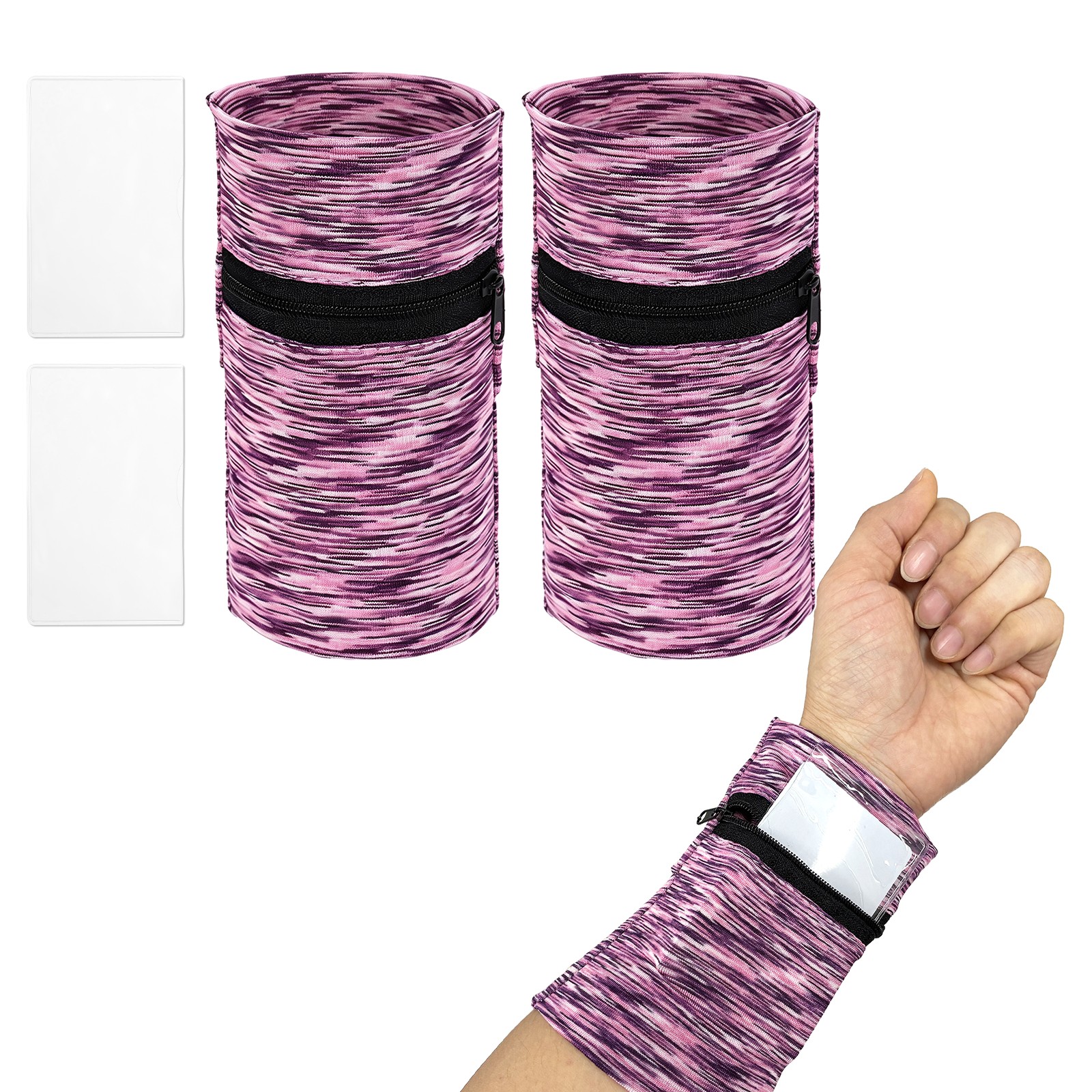 Wrist Pouch, Wrist Wallet with PVC Card Pouch 2Set &Purple Stripes