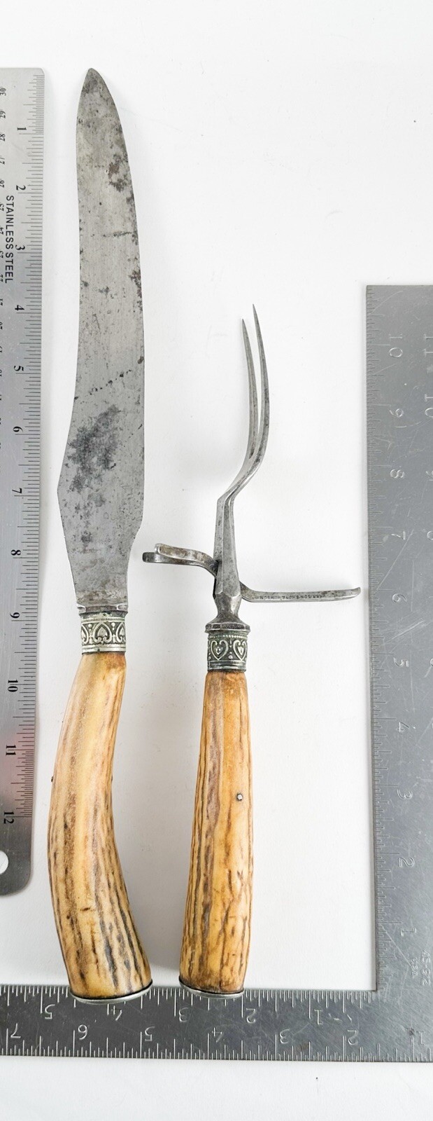 Antique Victorian Harrison Brothers Howson Carving Set Knife Fork Stag Handle