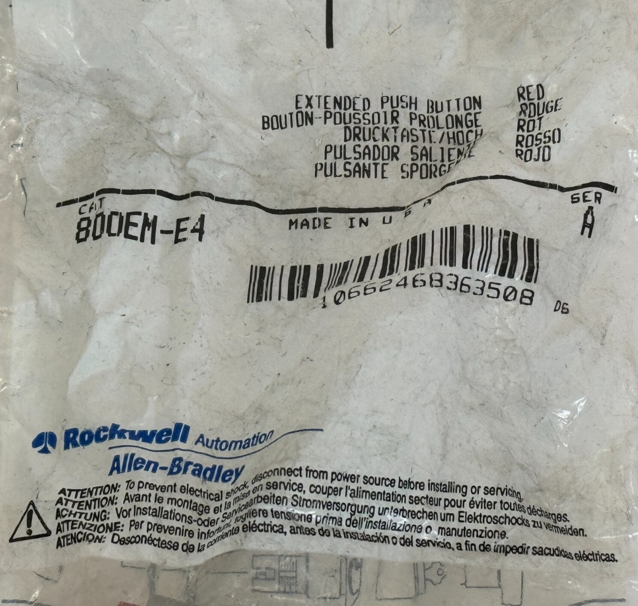 FACTORY SEALED Allen Bradley 800EM-E4 SER. A Extended Red Push Button