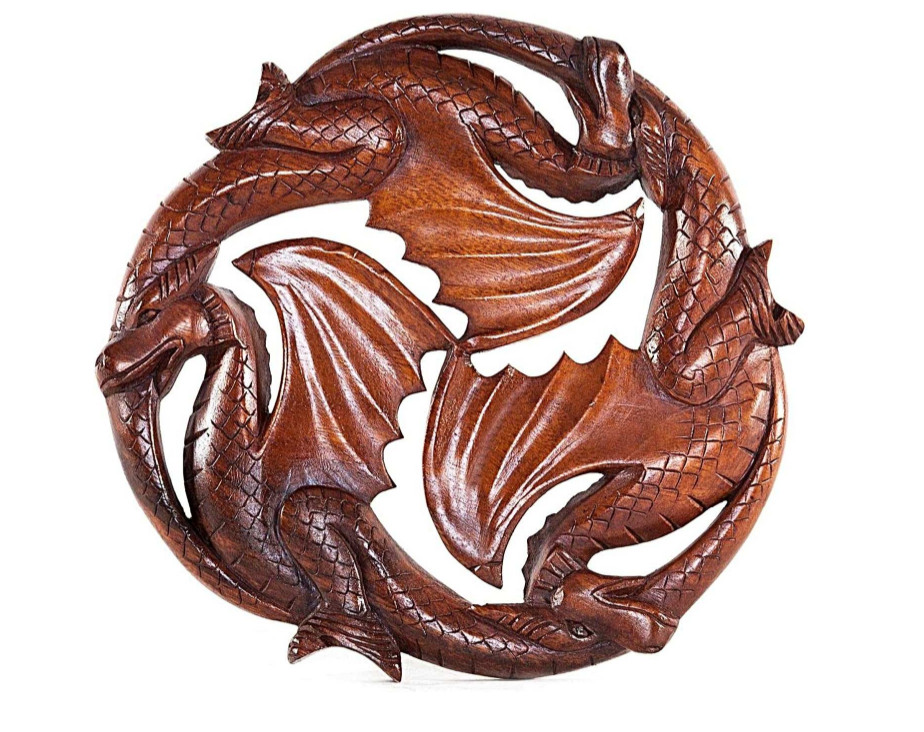 Hand Carved Teak Wood Dragon Wall Art Mystical 12 inch Handcrafted Carving