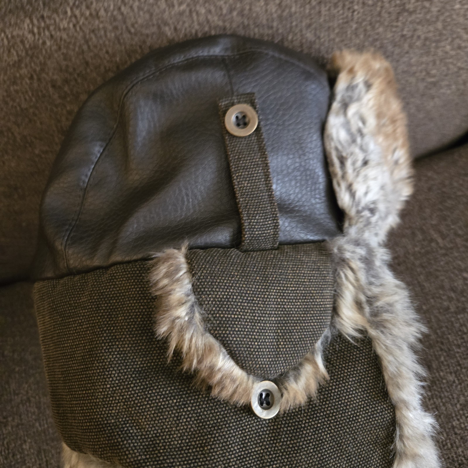 EUC Size L Red Head Leather Canvas Brown Trapper Hat Faux Fur Trim Quilted Lined
