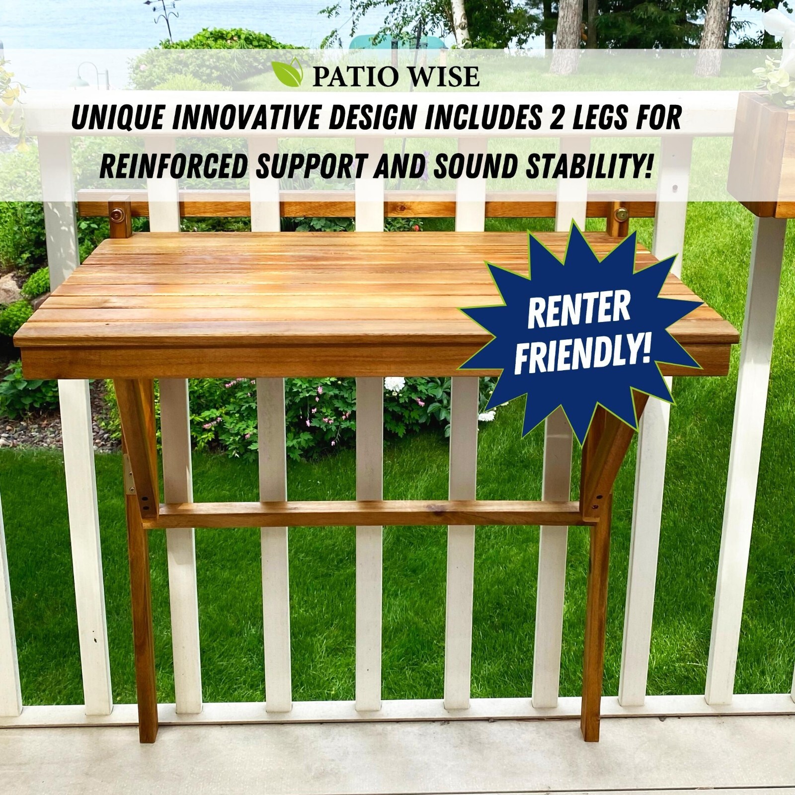 Patio Wise Outdoor Folding Acacia Wood Balcony Railing Table, Foldable Deck Bar