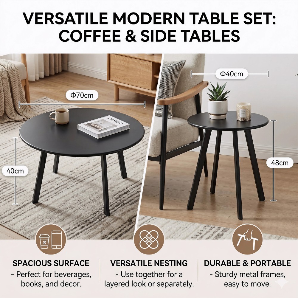 2-Piece Round Nesting Coffee Table Set Modern Black Metal Side End Tables Space