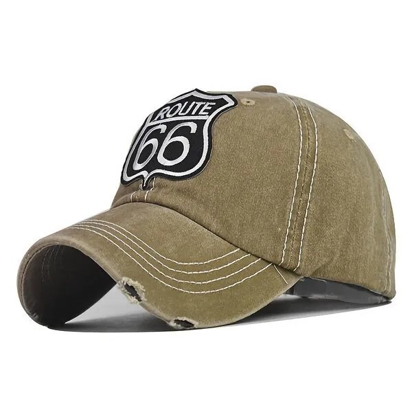Route 66 Beige Baseball Cap, Washed Retro Cotton, New Style Base Ball Hat
