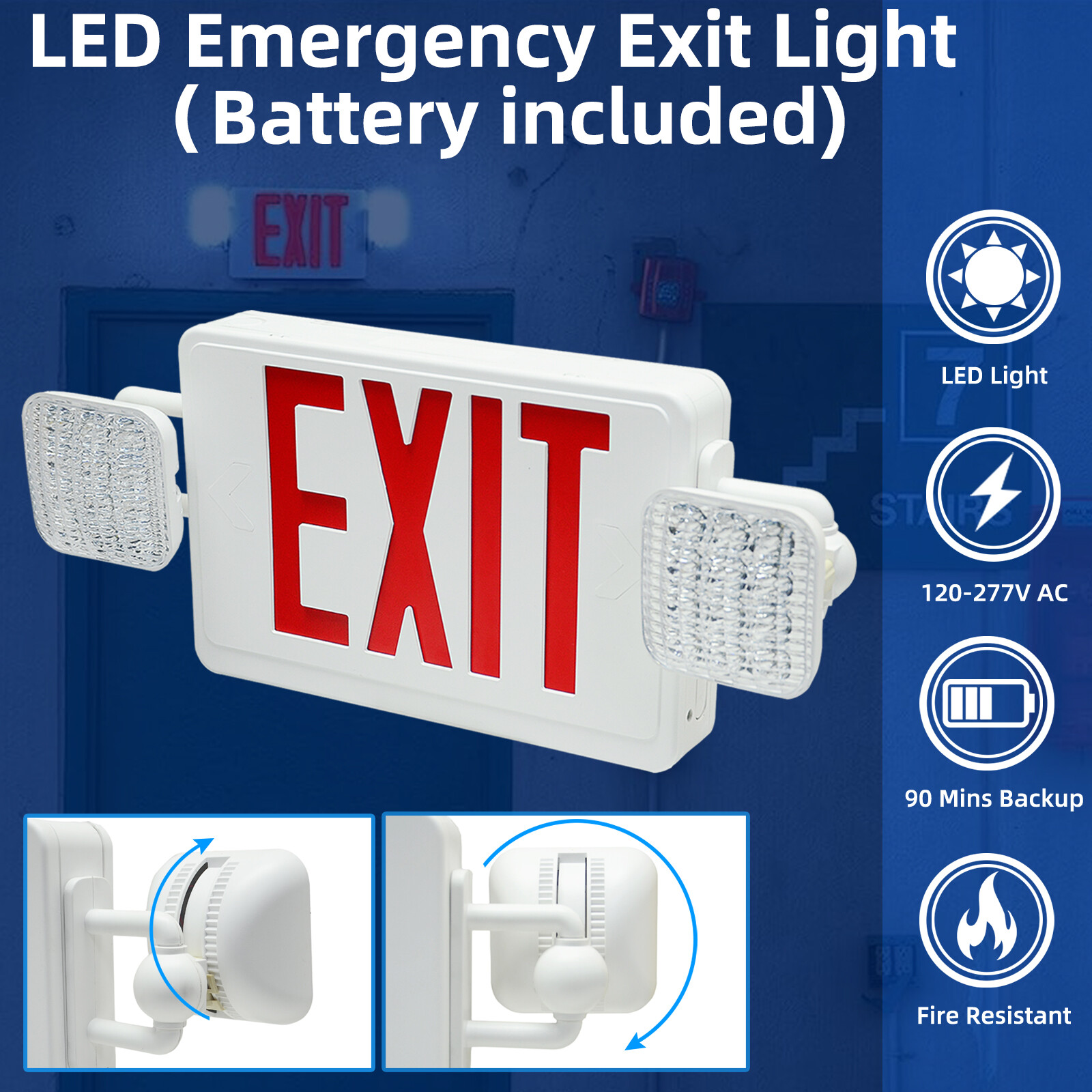 LED Exit Sign Emergency Combo Light with Adjustable Two Head Battery Backup US