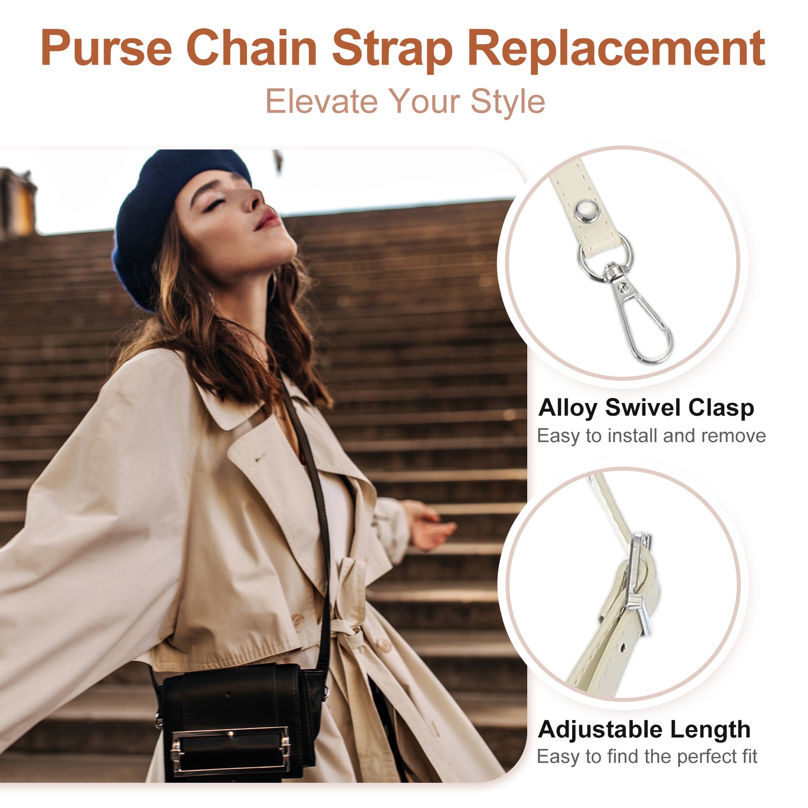 47" Adjustable PU Leather Purse Strap with Silver Hardware Cream