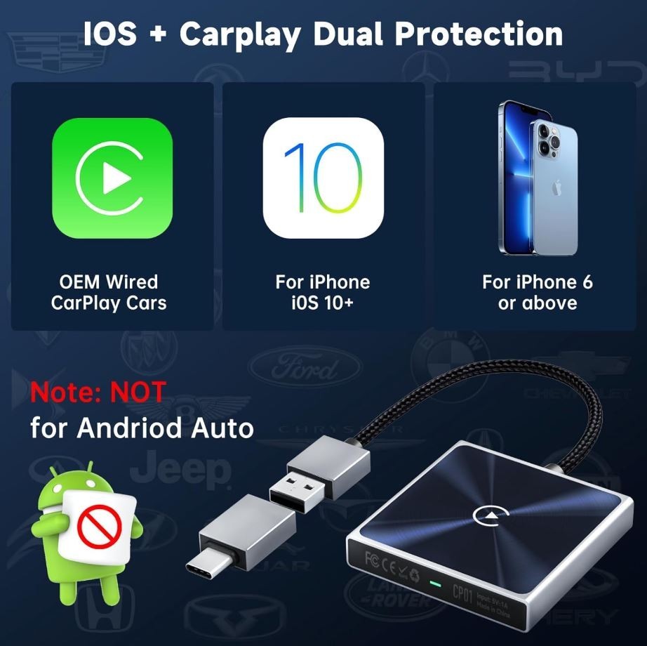 Wireless CarPlay Adapter for iPhone Plug & Play Converter Dongle USB/USB-C Fast