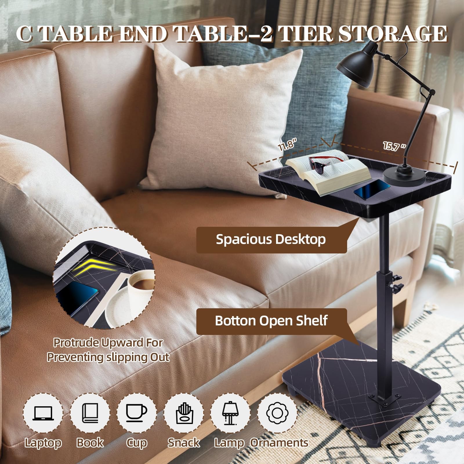 Black C Shaped End Side Table Adjustable Height 360 Swivel TV Tray Table