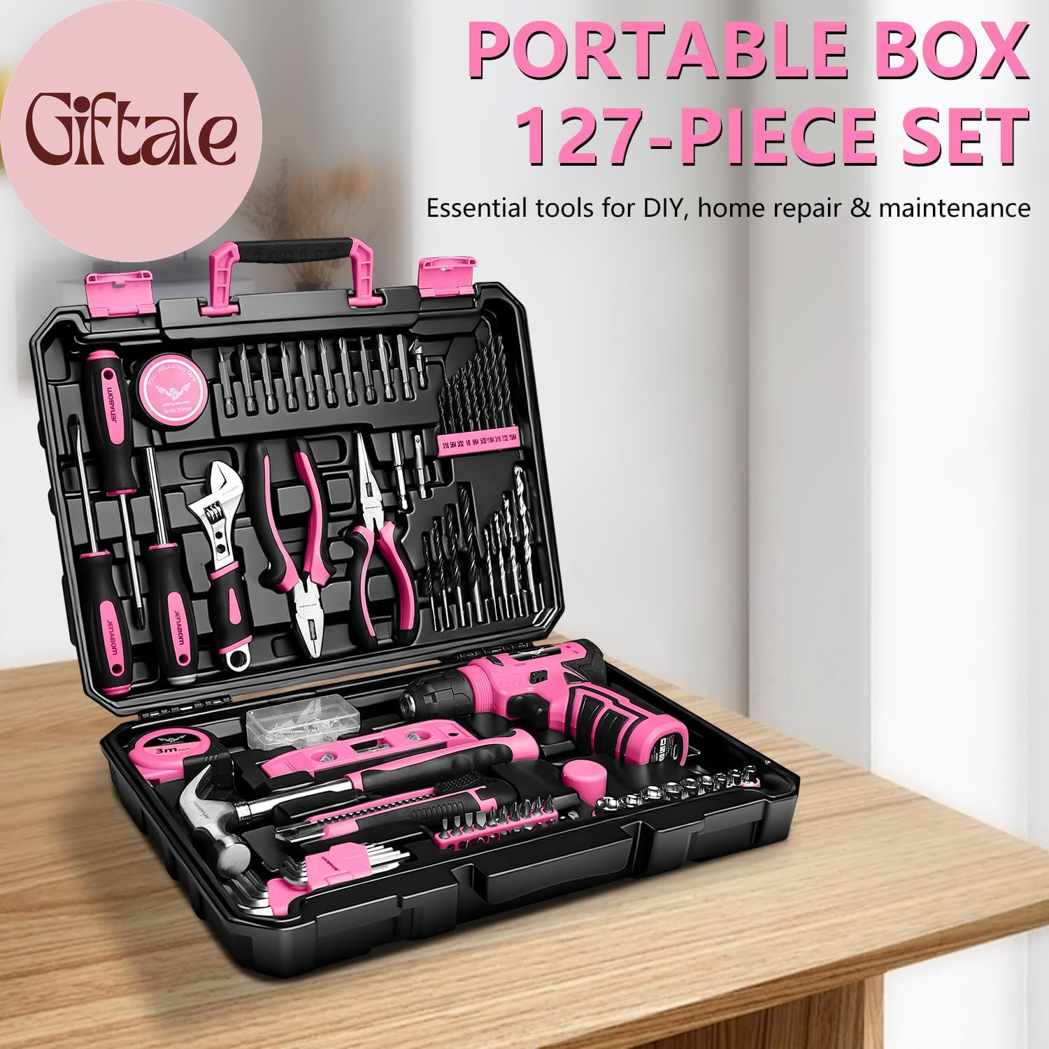 Tool Set - 8V Cordless Drill Set, 127 Piece Home Tool Set with Hand Drill, Tool