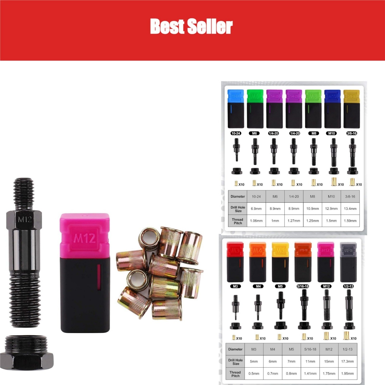 Amjoy M12 Rivet Nut Tool Set with 10 Rivet Nuts - Durable & Easy Replacement