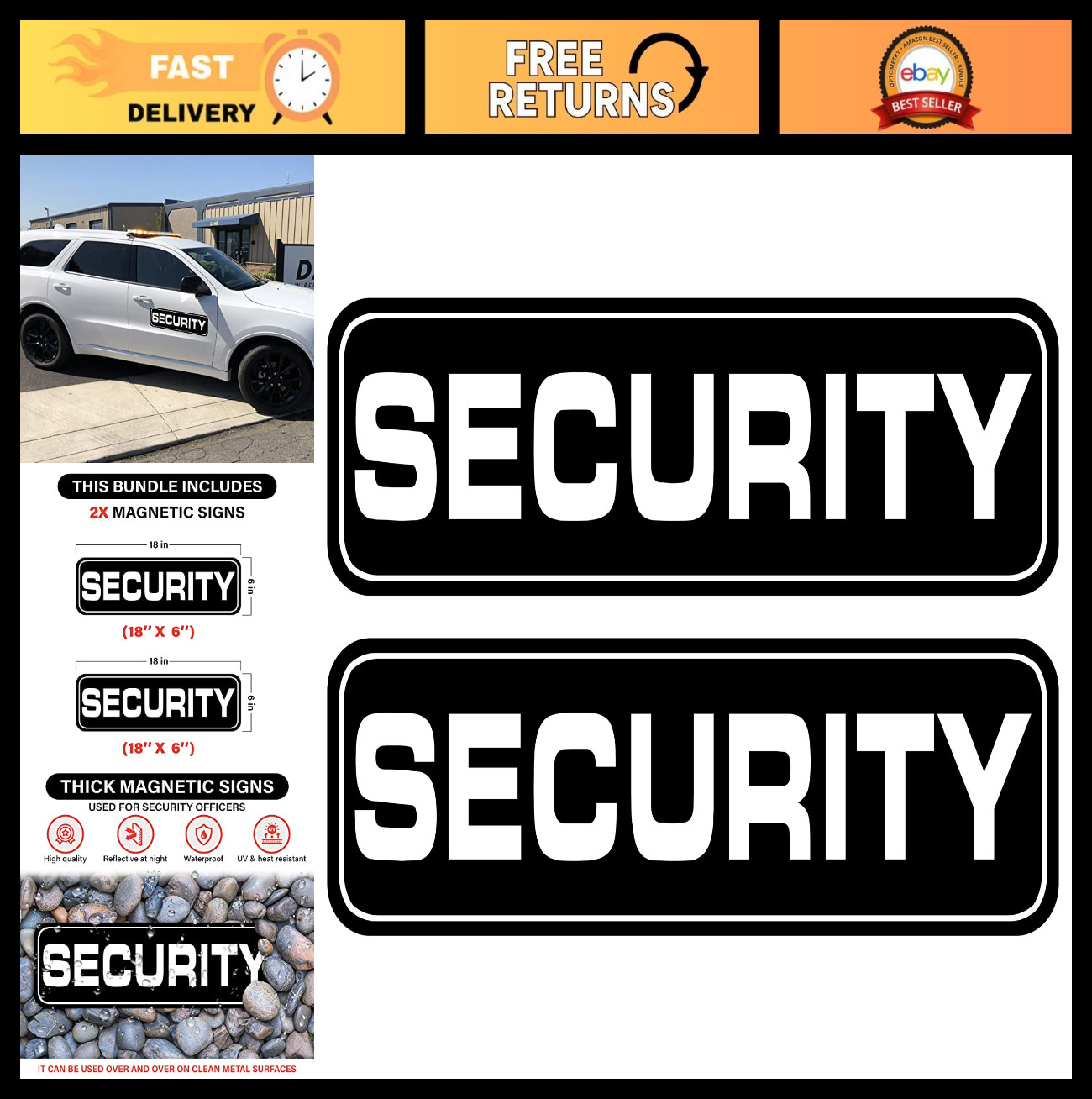 2 Pack Heavy Duty Magnetic Security Signs for Vehicles, Trucks, SUVs - 18"x6