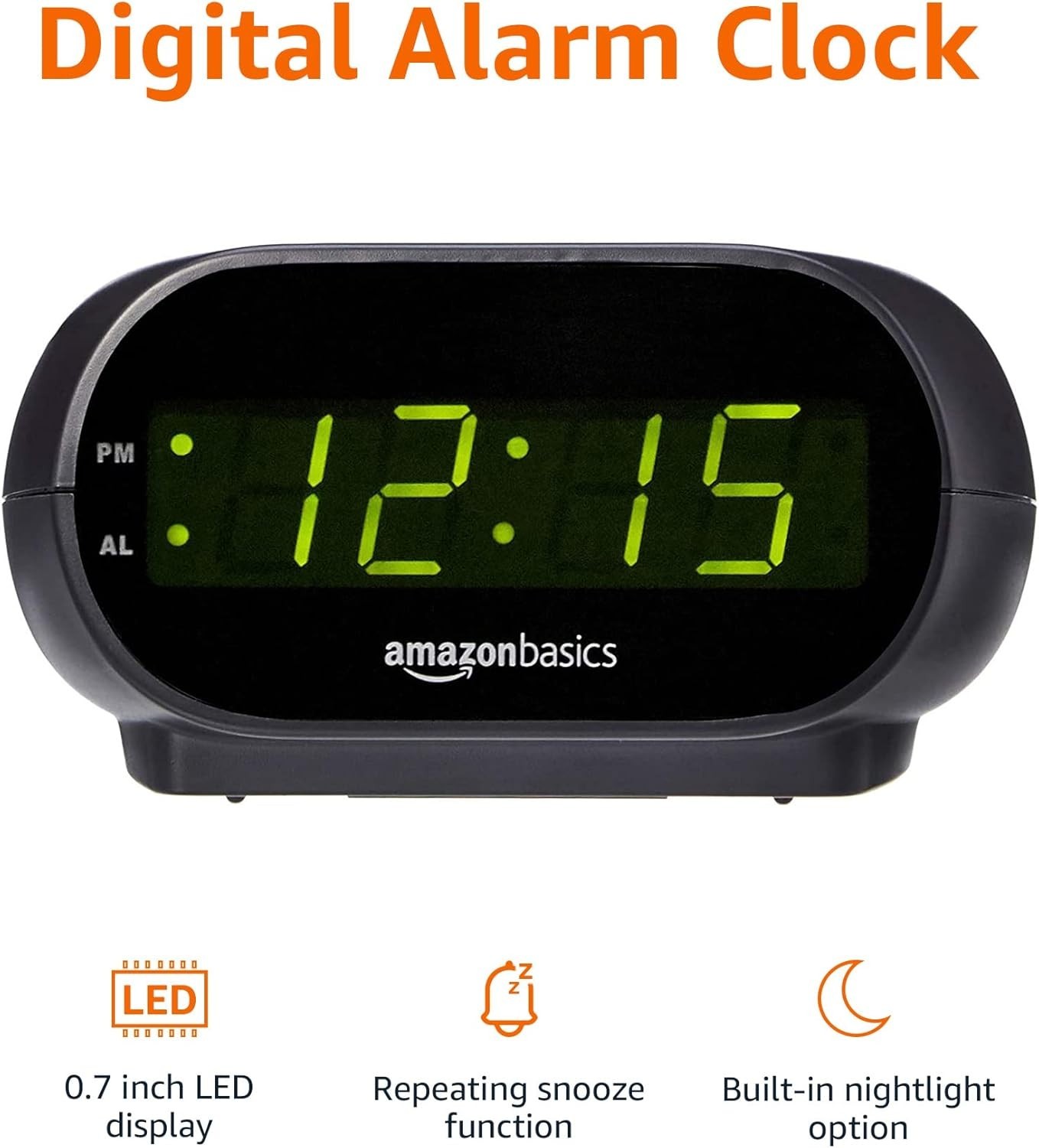 Compact Oval Black Digital Alarm Clock with LED Display & Snooze Functionality