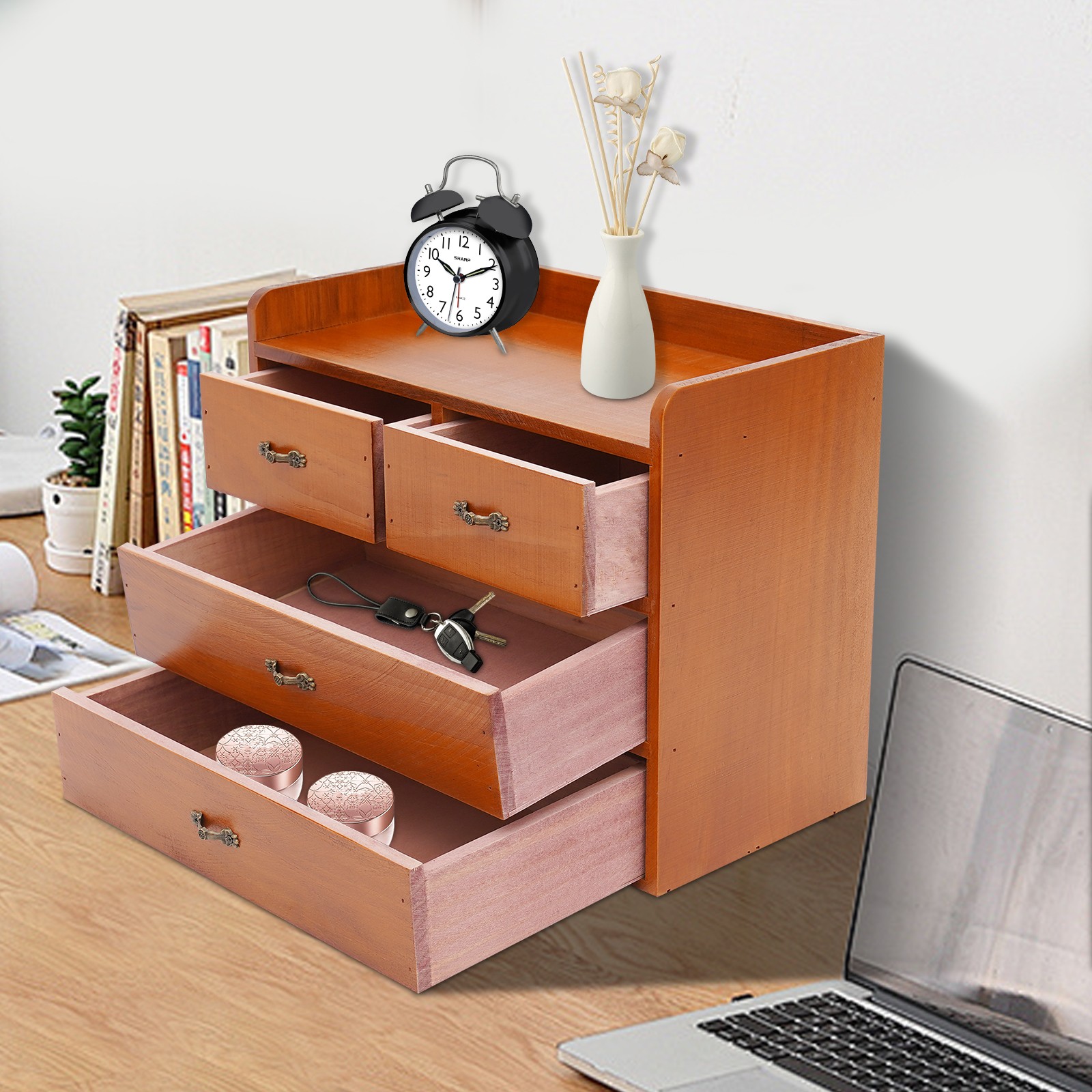 Vintage Wooden Desk Organizer 4 Drawer Storage Case for Jewelry Office Supplies