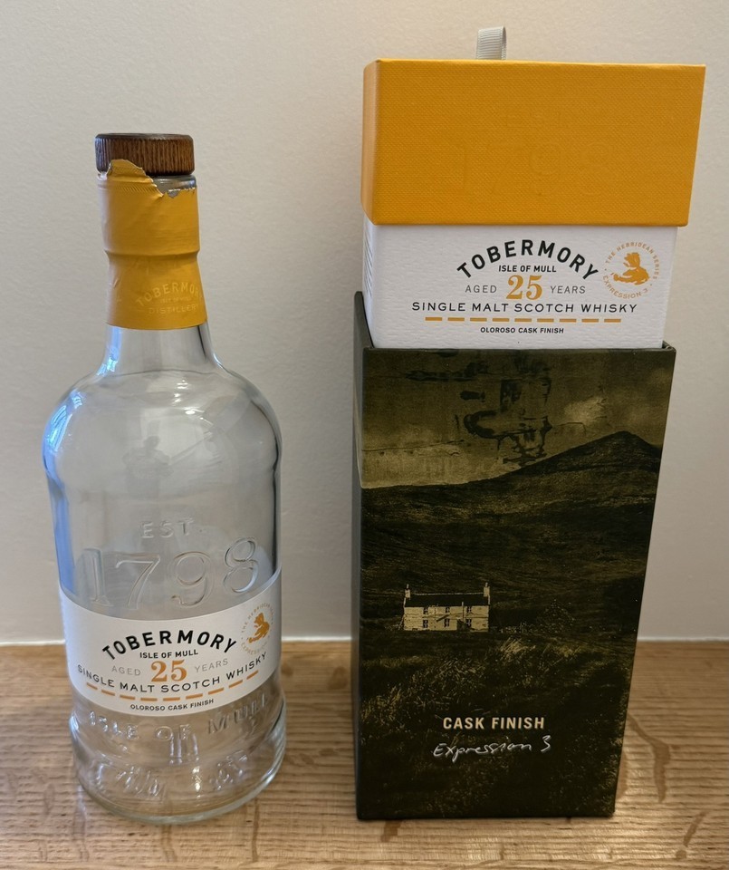 Aged 25 Yr Empty Bottle Box Tobermory Single Malt Scotch Whiskey Whisky Scotland