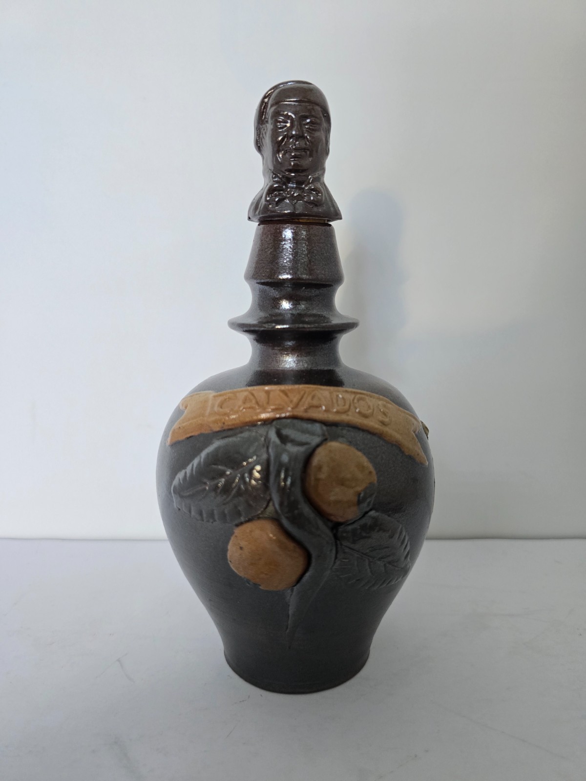 Vintage Trouville Calvados French Earthenware Figural Brandy Liquor Bottle 8"