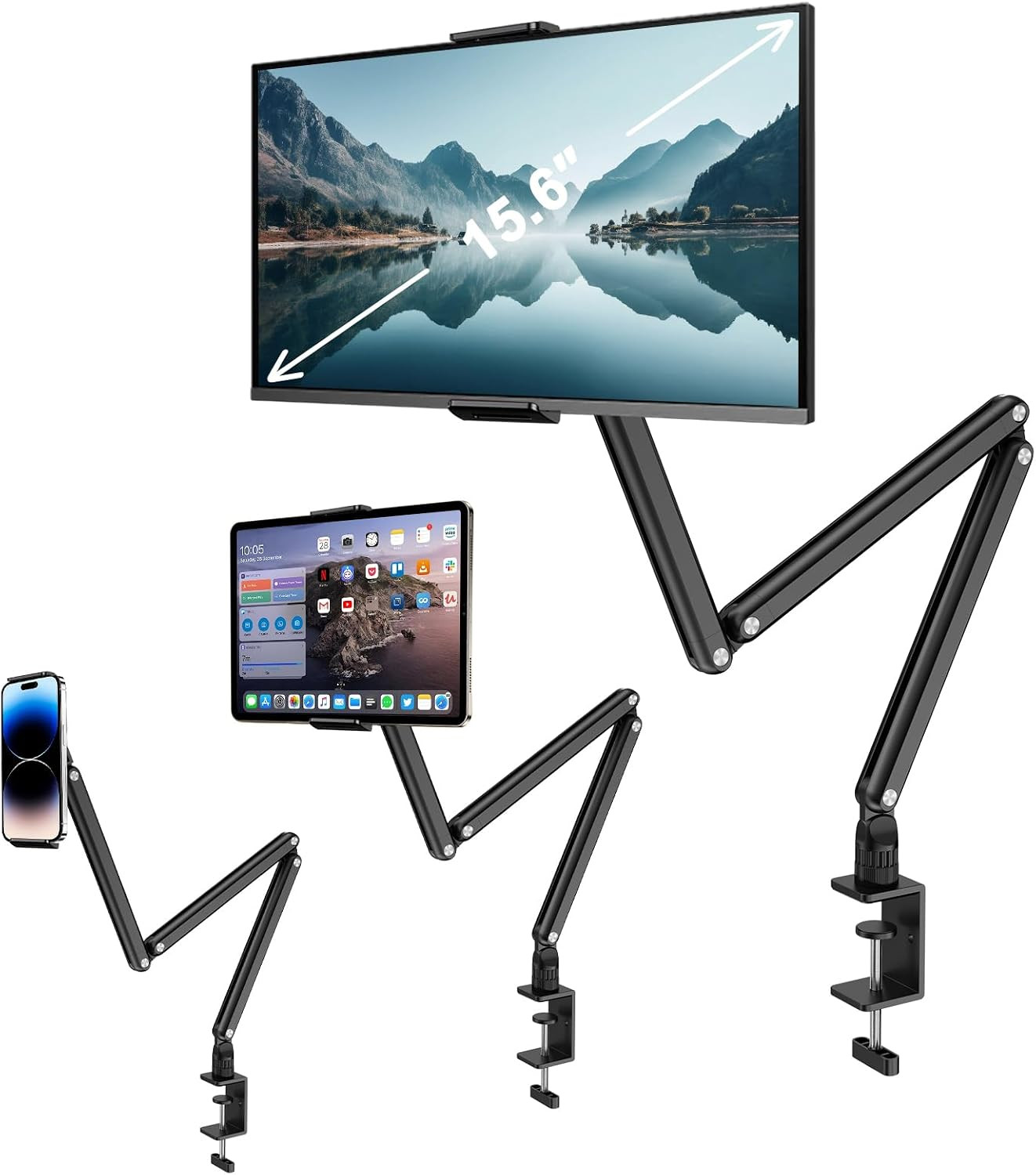 Yumecamp Triple Arm Tablet Stand, Heavy Duty Aluminum Ipad Holder with Desk Clam