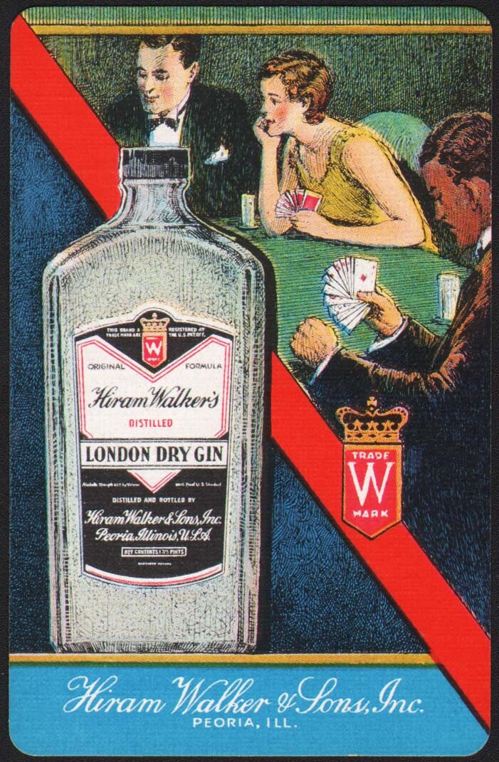 Vintage single playing card HIRAM WALKER London Dry Gin bottle Peoria Illinois