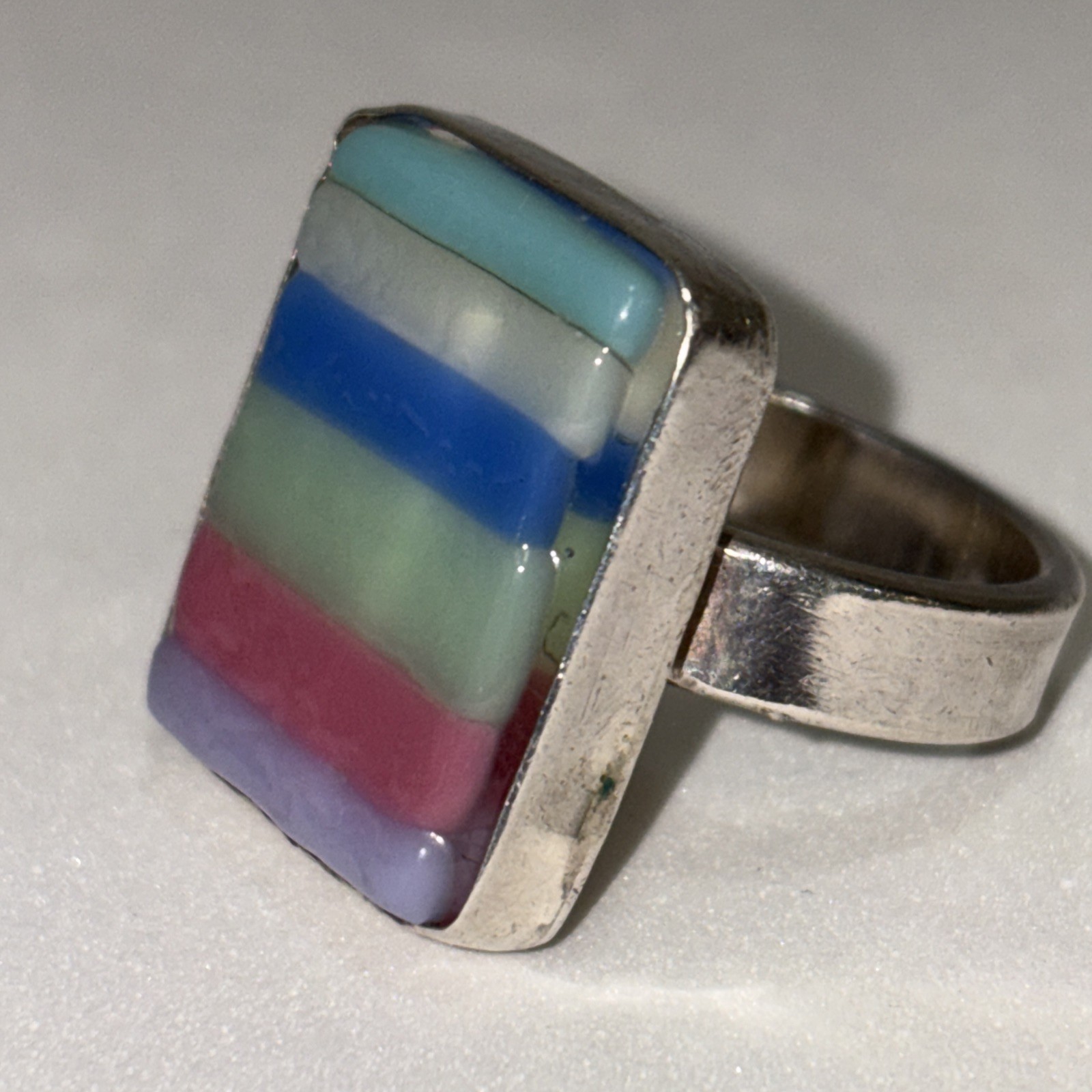 Rainbow Stripe Square Ring Pop Art Artist Made Size 7