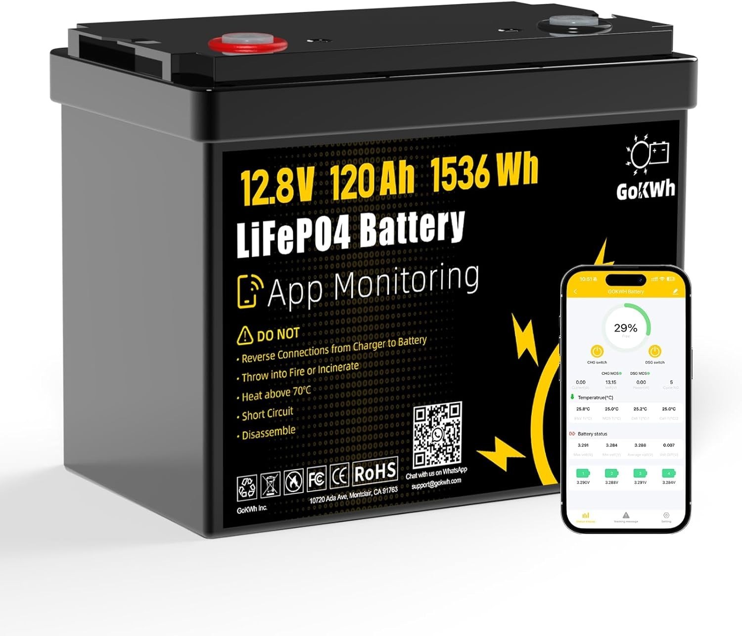 12V 120Ah LiFePO4 Lithium Battery 1536Wh - Smart APP & Bluetooth 5.0, 100A BMS